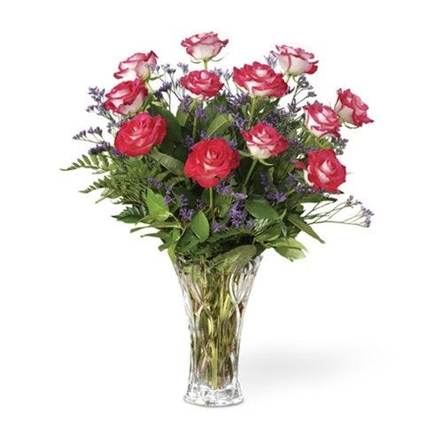 One dozen bi-color roses for Valentine delivery in a Lenox® vase