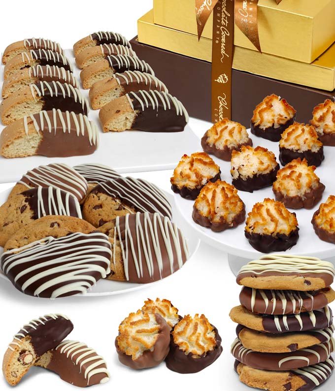 36 Treats Total including Chocolate-Covered Biscotti, Chocolate Chip Cookies, and Chocolate-Dipped Macaroons in a Gift Box
