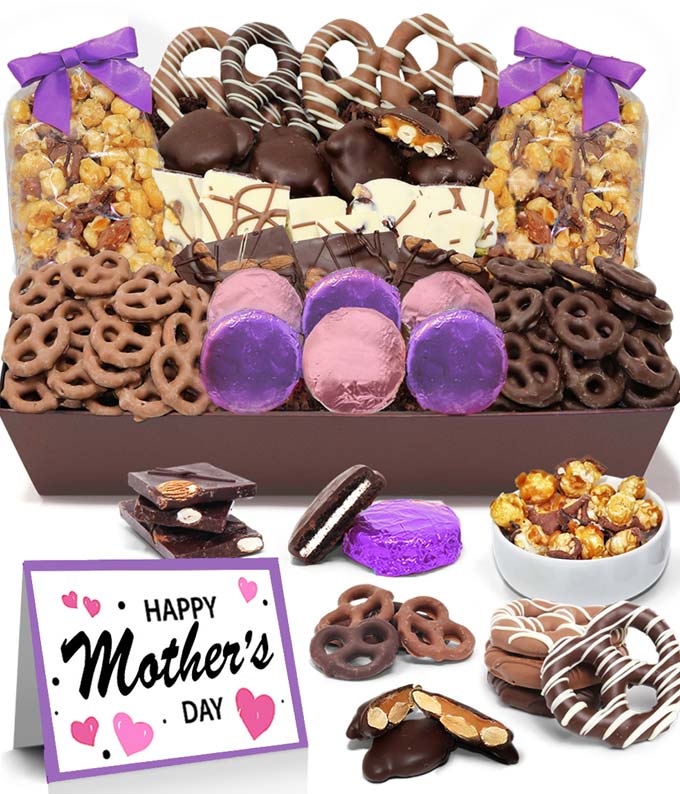 Mother's Day chocolate gift tray with milk chocolate covered OREO cookies, assorted chocolate covered pretzels, almond and pistachio bark, caramel popcorn, and caramel cashew clusters, with option for a personalized message.