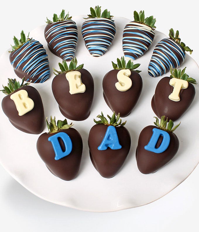 12 Chocolate-Covered Strawberry Pieces Dipped in a Belgian Chocolate and designed as Best Dad (Edible Decorations)