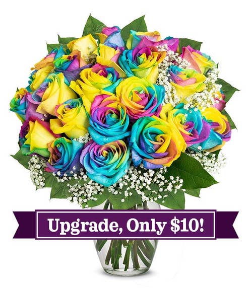 Bouquet with 24 wild rainbow roses, optional vase, and personalized card message.