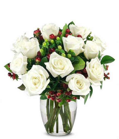 One Dozen White Roses with Christmas Berries