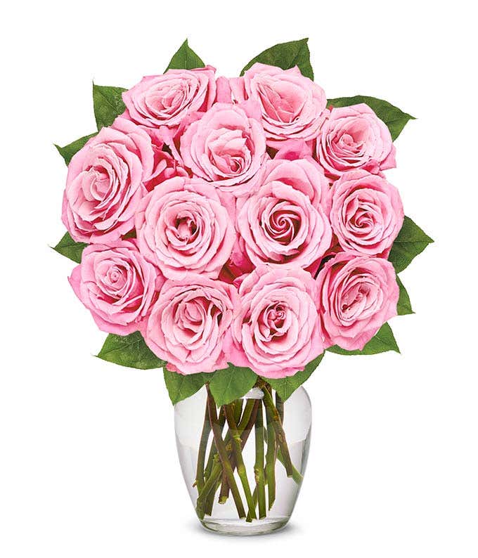 A Bouquet of 12 Long-Stem Light Pink Roses with Card Message Included and Gift Box Wrapped Unless Vase Is Added