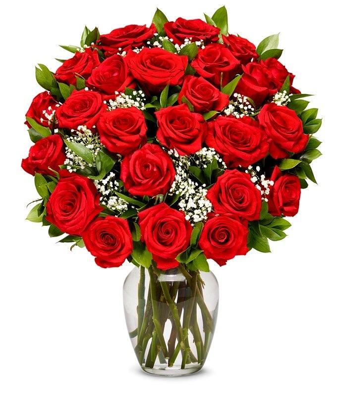 A Bouquet of 24 Red Roses Long Stem, White Monte Casino with Card Included Boxed Flowers Unless Vase Added