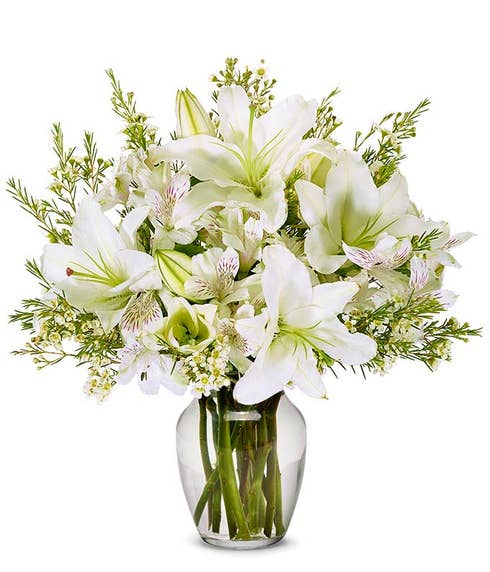 white lily arrangements and white lilies bouquet delivery of flowers in a box