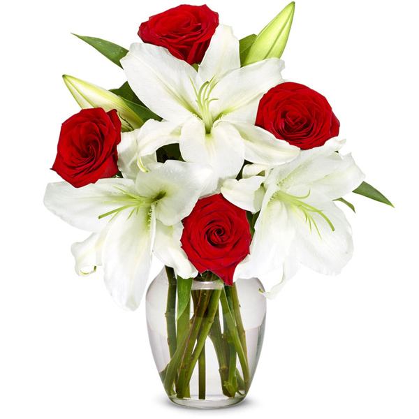 boxed red roses and white lily delivered in a box from send flowers