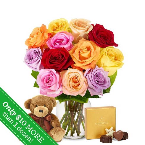 One Dozen Rainbow Roses with Teddy Bear and Chocolates