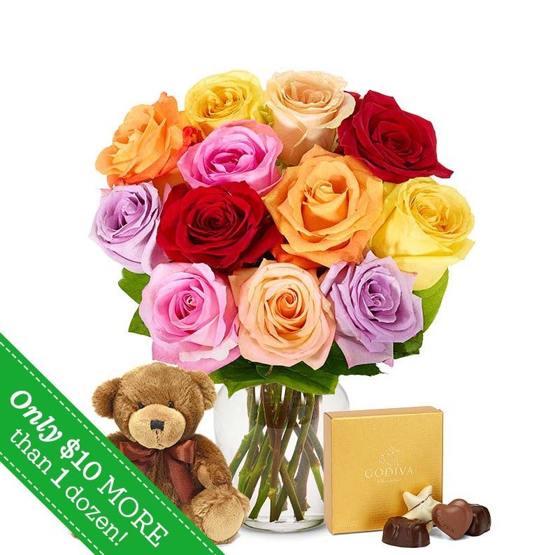 One Dozen Rainbow Roses with Teddy Bear and Chocolates