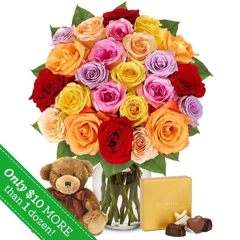 Two Dozen Rainbow Roses with Teddy Bear and Chocolates