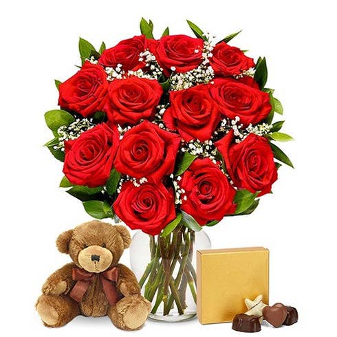 One Dozen Long Stemmed Red Roses with Chocolates & Bear