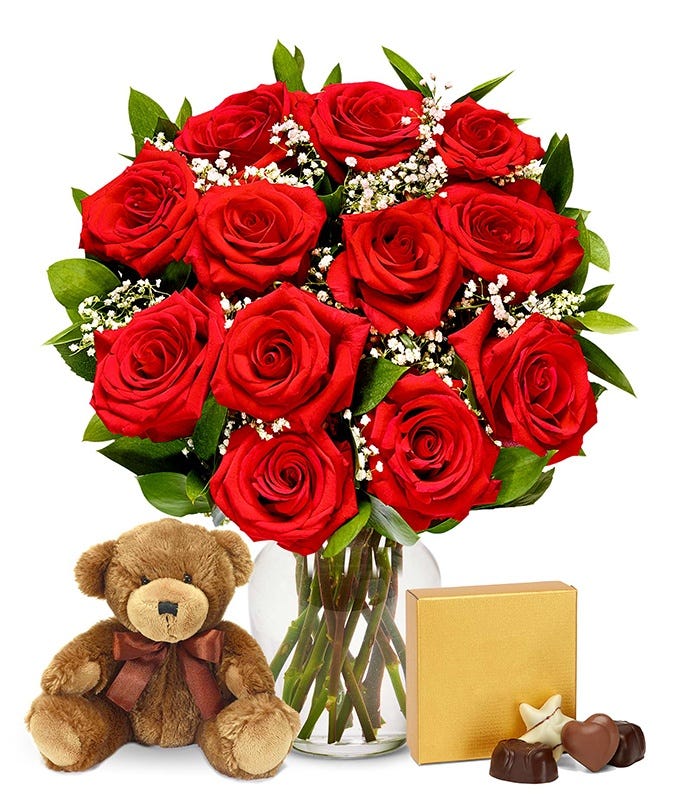 One Dozen Red Roses with Chocolates & Teddy Bear