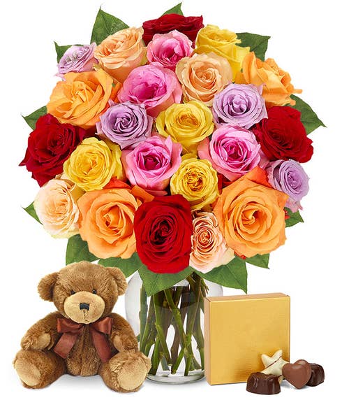 Two Dozen Rainbow Roses with Chocolates and Teddy Bear
