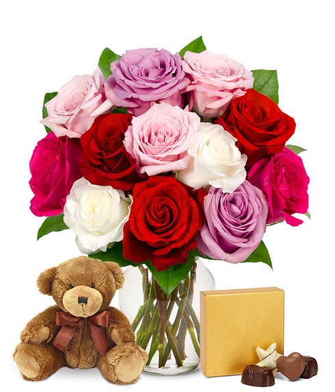 One Dozen Sweetheart Roses with Chocolates and Teddy Bear