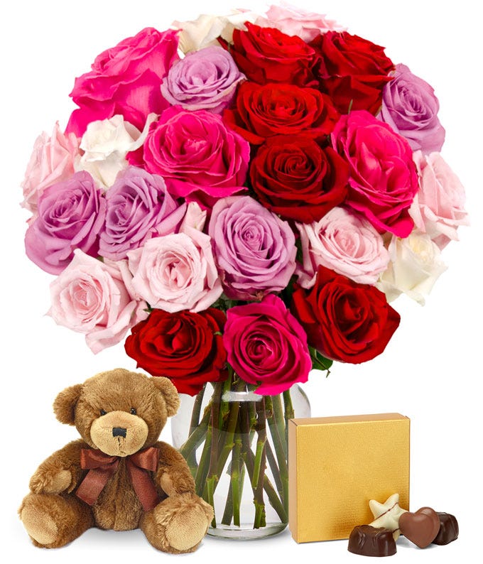 Two Dozen Sweetheart Roses with Chocolates and Teddy Bear