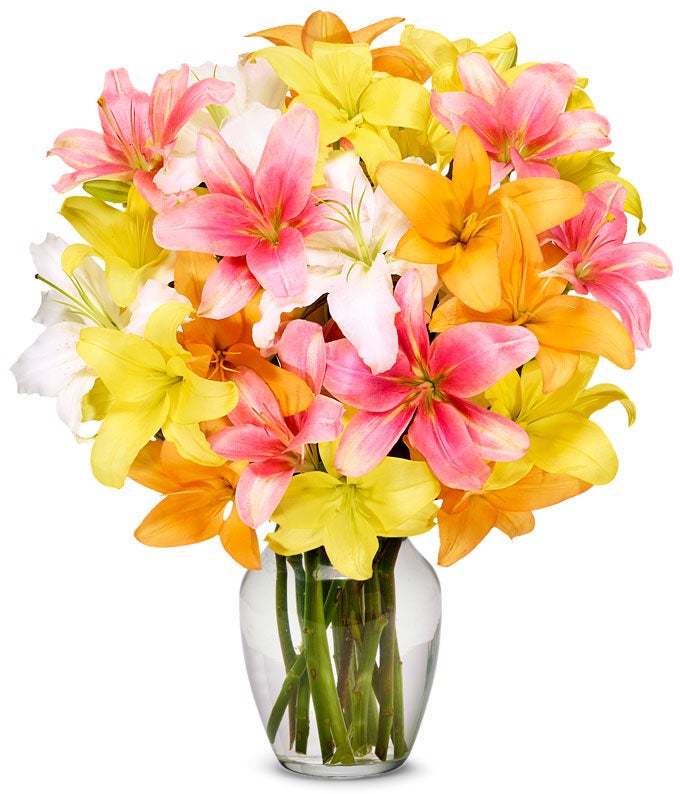 A Bouquet of Pink Lilies, Orange Lilies, White Lilies, and Yellow Lilies Delivered in a Box