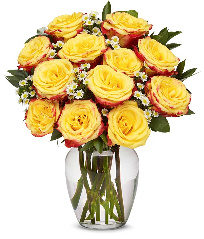 Boxed Fire roses, one dozen yellow and red roses in a box