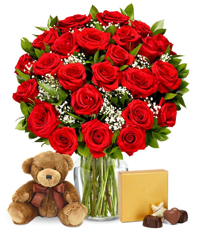 Two Dozen Long Stemmed Red Roses with Teddy Bear and Chocolates