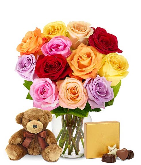 One Dozen Rainbow Roses with Teddy Bear & Chocolates