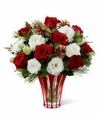 winter bouquet with red roses and white double lisianthus for same day delivery