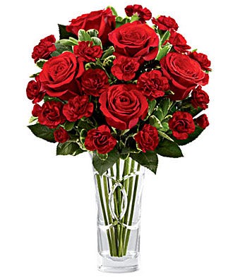 Red roses with burgundy carnations for florist delivery