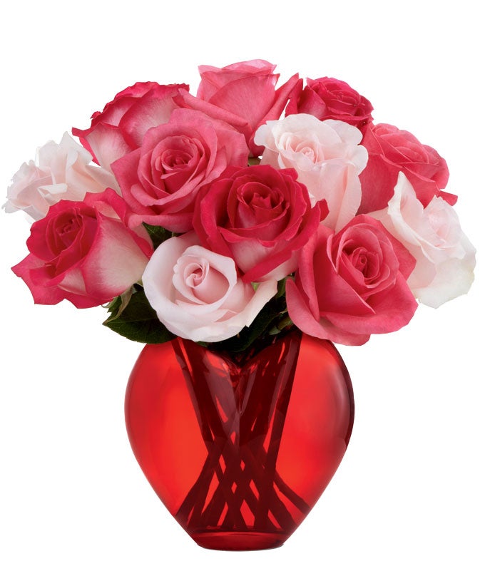 A Bouquet of Bi-Color Pink & Light-Pink Roses in a Red Glass Heart-Shaped Vase with Message Card Attached
