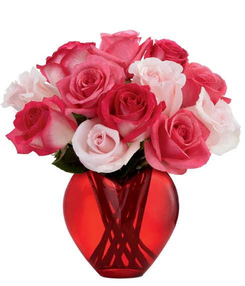 Heart shaped roses bouquet with bi color pink roses and light pink roses