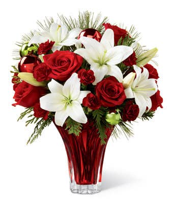 winter bouquet with white lily and red roses for same day flower delivery