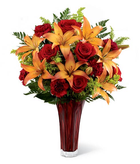 Flower delivery california available with an red rose and ornage lily bouquet