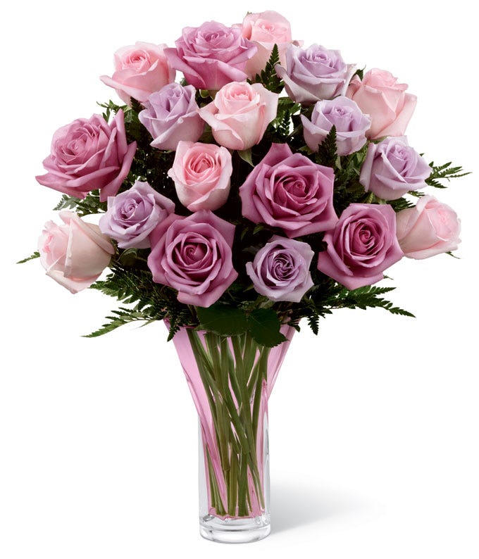 Long stem lavender rose bouquet with pink roses and purple roses for sale