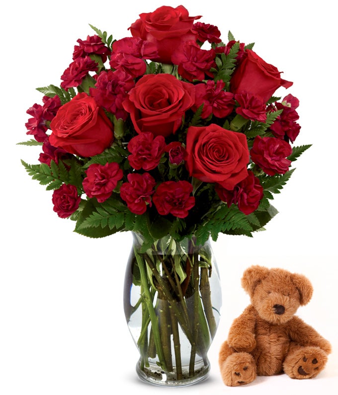 Red Rose and Carnation Bouquet with Teddy Bear