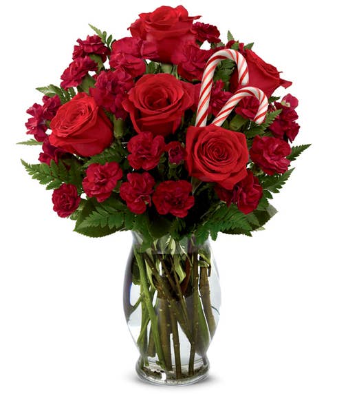red rose delivery with candy canes in a cheap candy cane flower bouquet