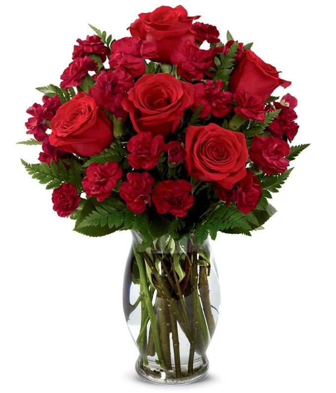 A bouquet of long stem red roses and maroon carnations on a clear glass vase