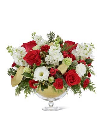 Christmas flower centerpiece with red roses, white roses and white carnations