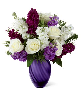 A Bouquet of  White Roses, White Stock, Plum & Lavender Stock, and Lush Greens in a Purple Glass Vase with Metallic Finish