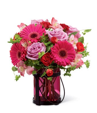 Hot pink gerbera daisy bouquet and lavender roses bouquet with pink square vase