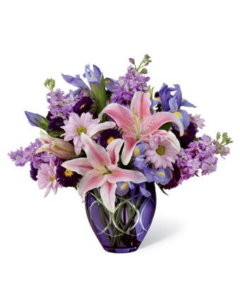 Pink Oriental lily, lavender daisy and lavender gilly light purple flower bouquet