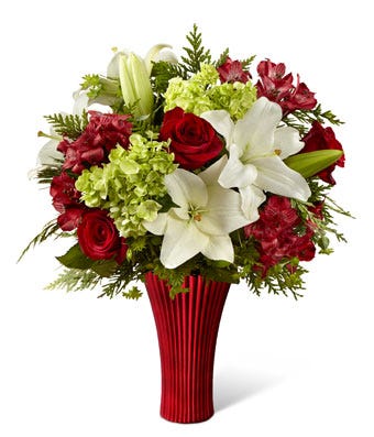 Red Roses, Burgundy Mini Carnations and Lush Greens in a Red Glass Vase with a Love-Theme Mylar Balloon