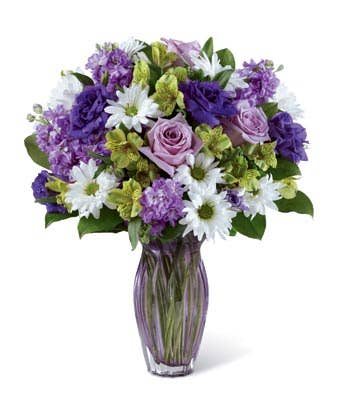 Purple roses and mixed purple carnations bouquet with lavender stock flowers