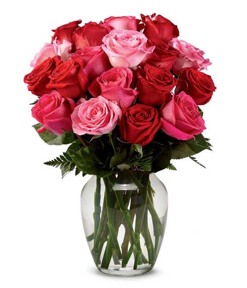 Mixed long stem red and pink roses