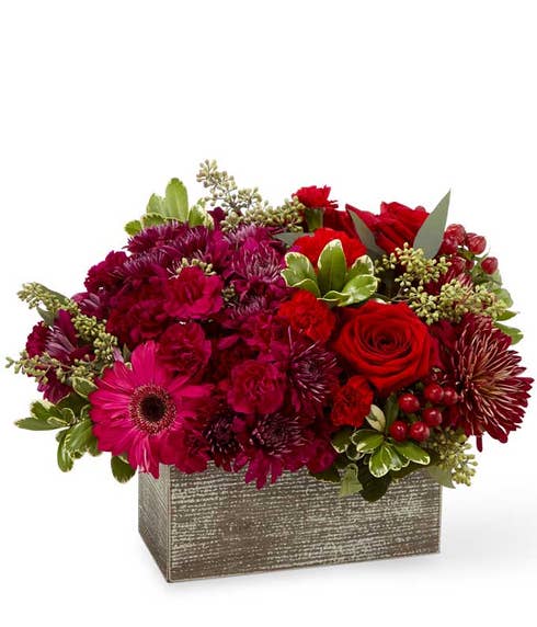 Red rose and hot pink gerbera daisy basket bouquet 