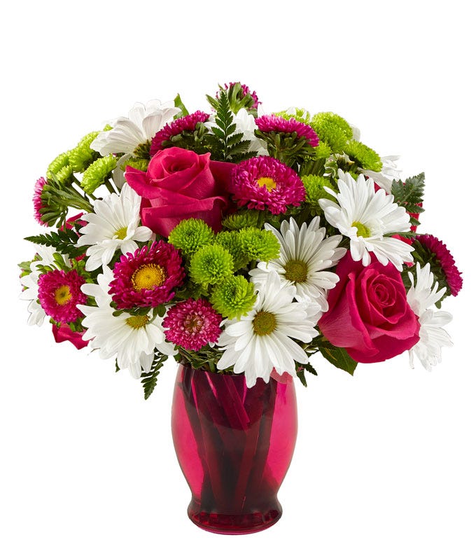 Pink roses, white daisies and green poms