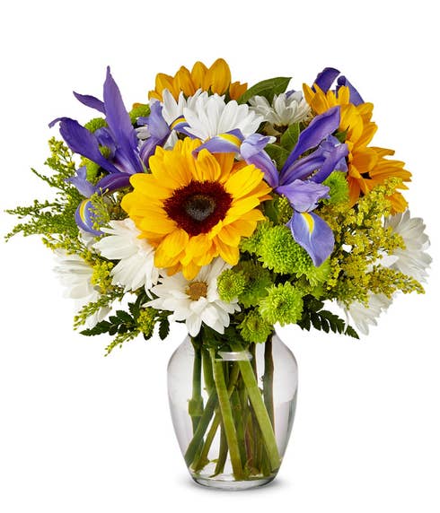 Modern sunflower iris bouquet with summer flowers and cheap flowers