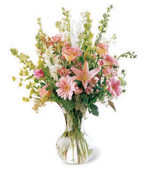 Pink lily, peach roses and gerbera daisy flowers