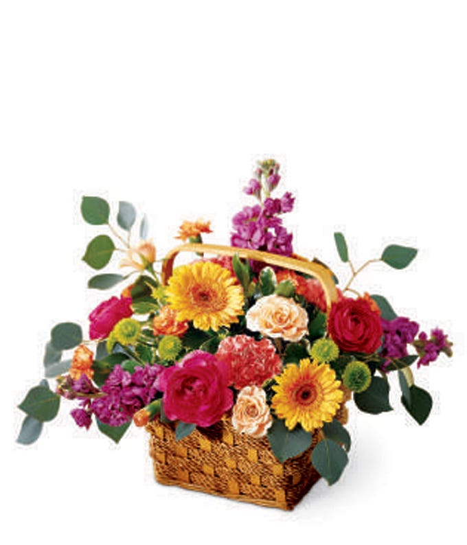 Basket of cheap flowers for delivery with peach roses, purple stock and ranunculus
