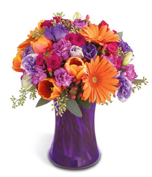Purple and orange flowers bouquet with orange tulips, gerbera daisy and purple lisianthus 