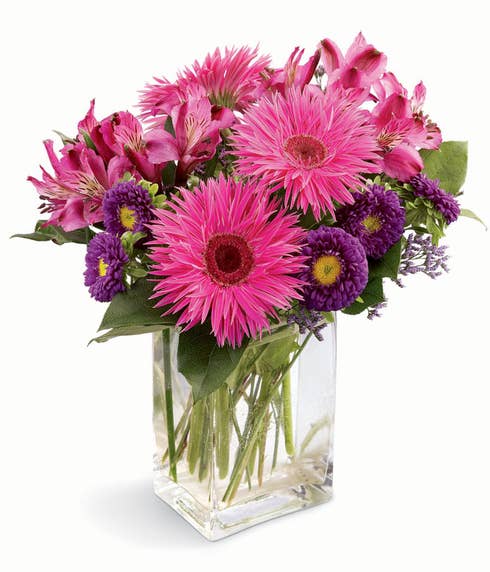 Hot pink spider gerbera daisy bouquet with hot pink alstroemeria and purple mums