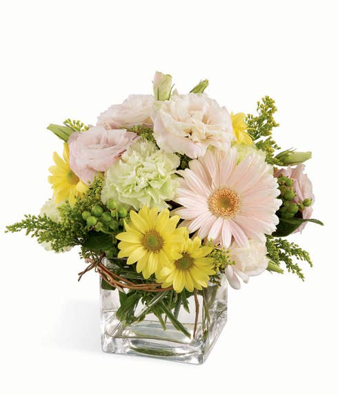 Pink gerbera daisies with yellow daisies and green carnations in a square vase