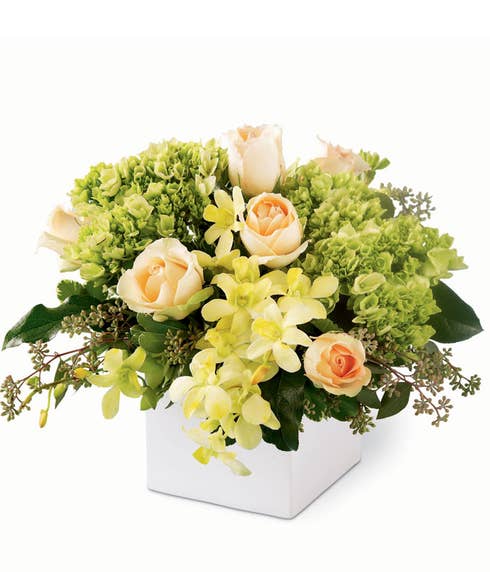 Green orchids in a green orchid bouquet with yellow orchids and ceramic vase