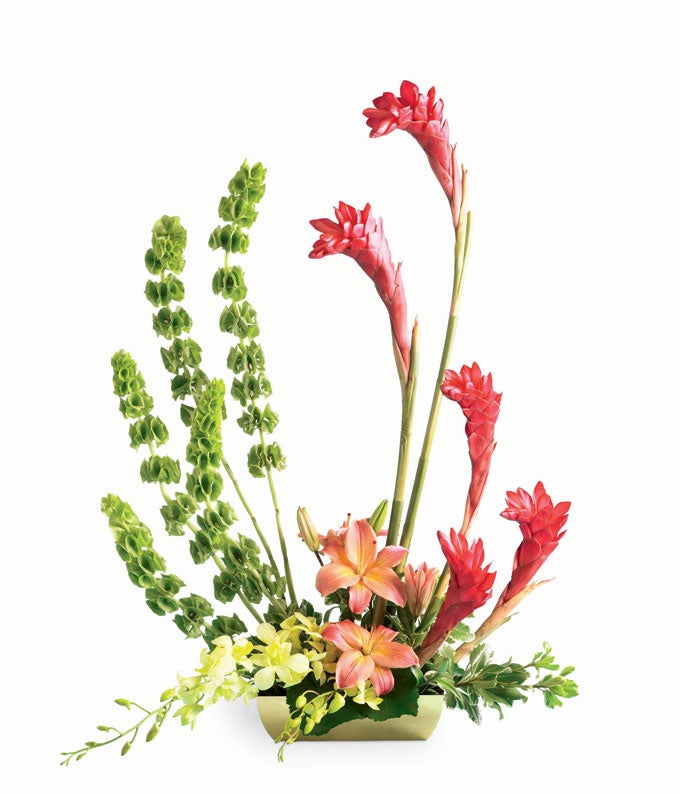 Flower Arrangement Including Red Ginger, Bells of Ireland, Pink Asiatic Lilies and Yellow Dendrobium Orchids in a Brushed Gold Rectangular Bowl with Card Message