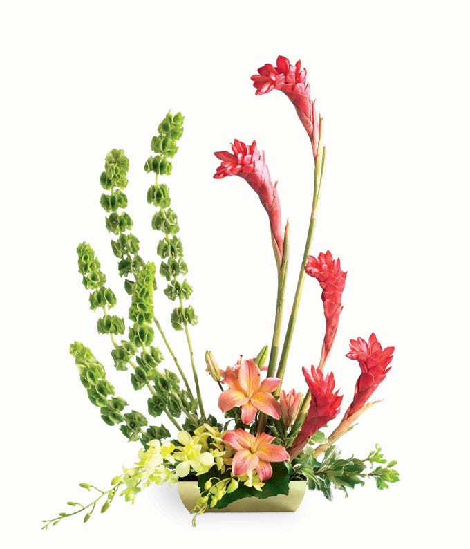 Bells of ireland and pink lilies in this tropical bouquet from send flowers